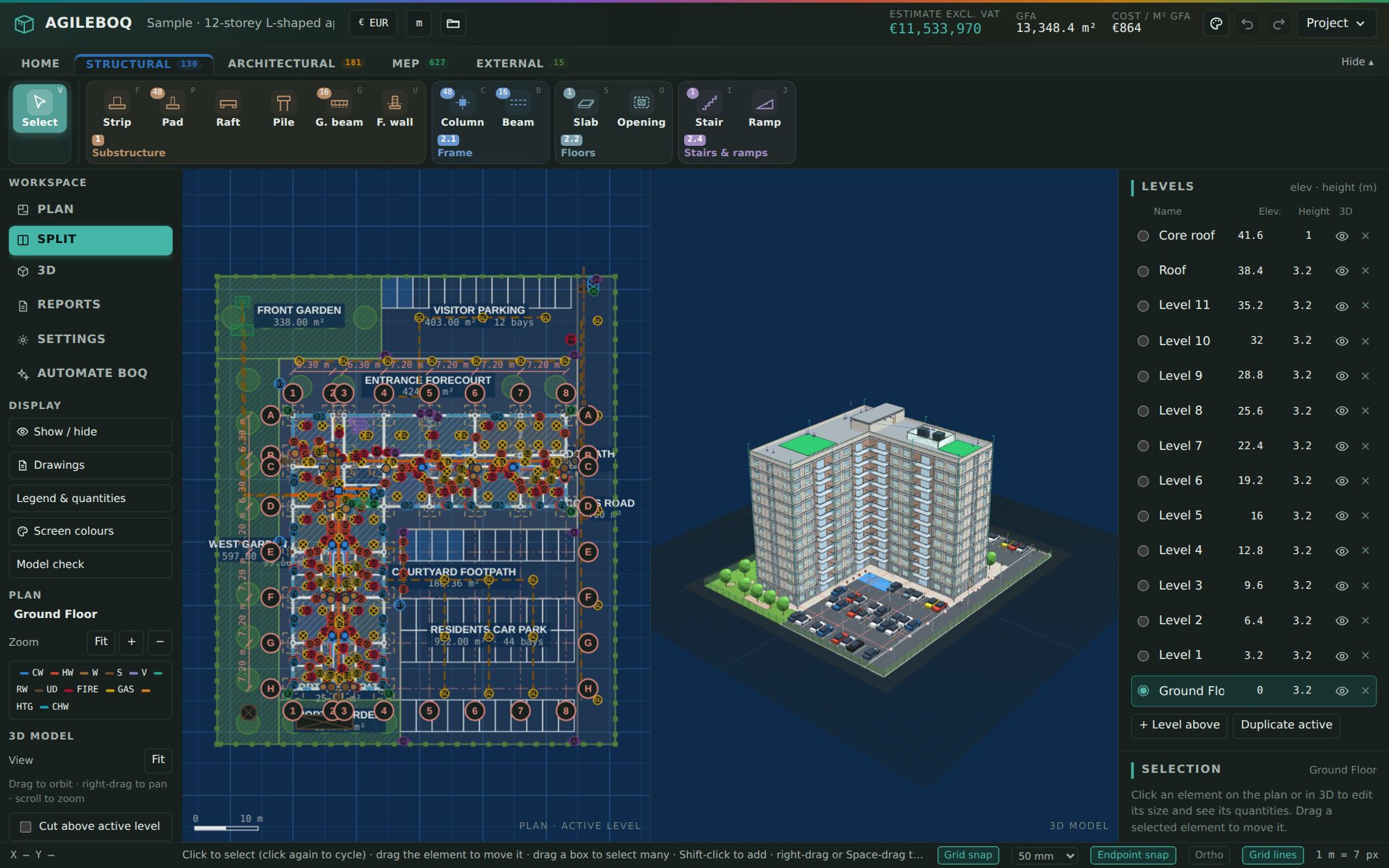 AgileBOQ in dark mode with a blueprint drawing background