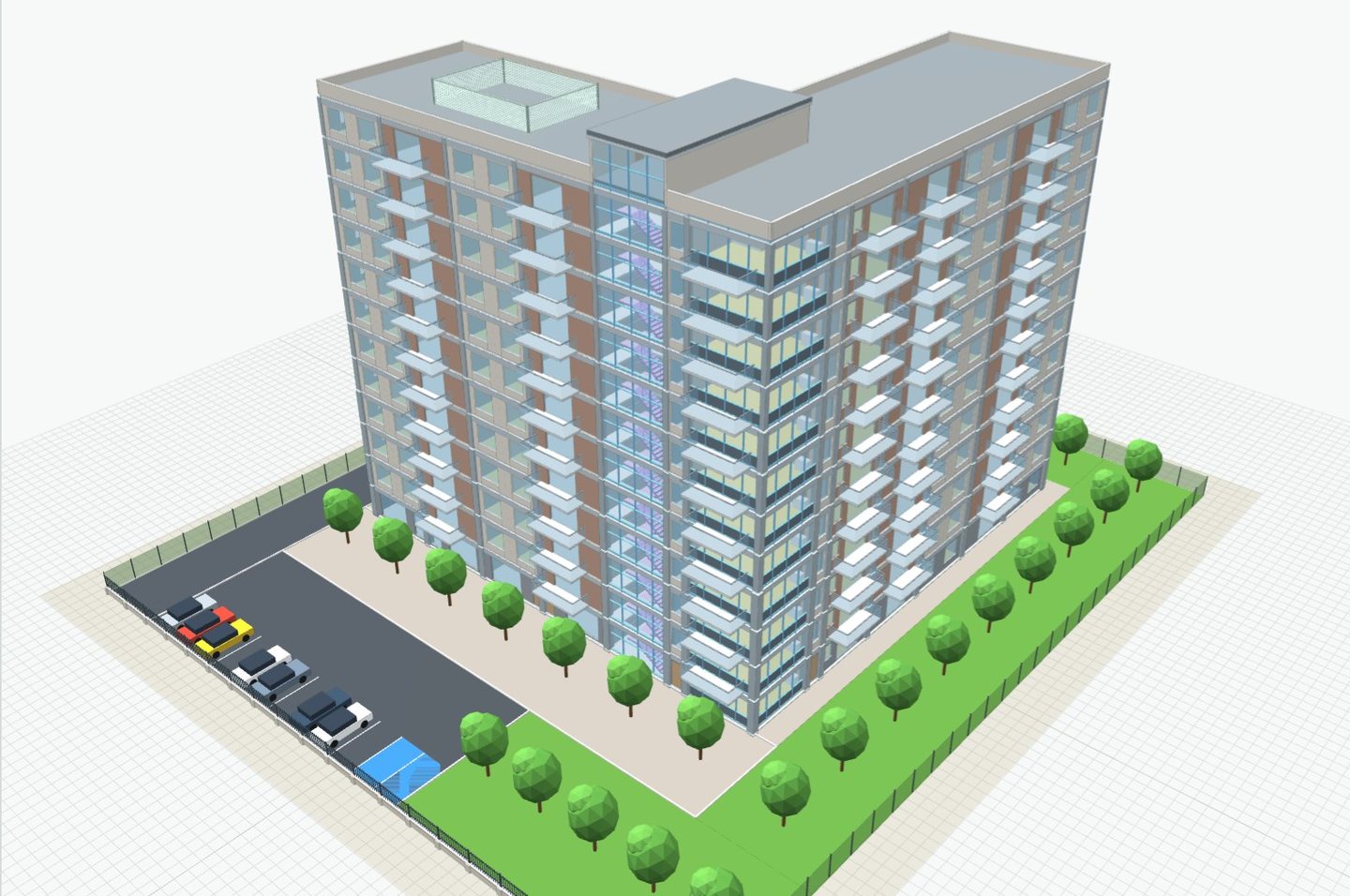 3D street view of the 12-storey L-shaped apartment block with balconies, a glazed stair tower, forecourt trees, visitor parking and lawns