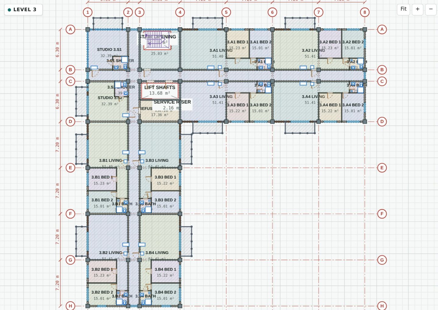 Typical floor plan with two-bedroom flats, studios, corridors, stair and lifts