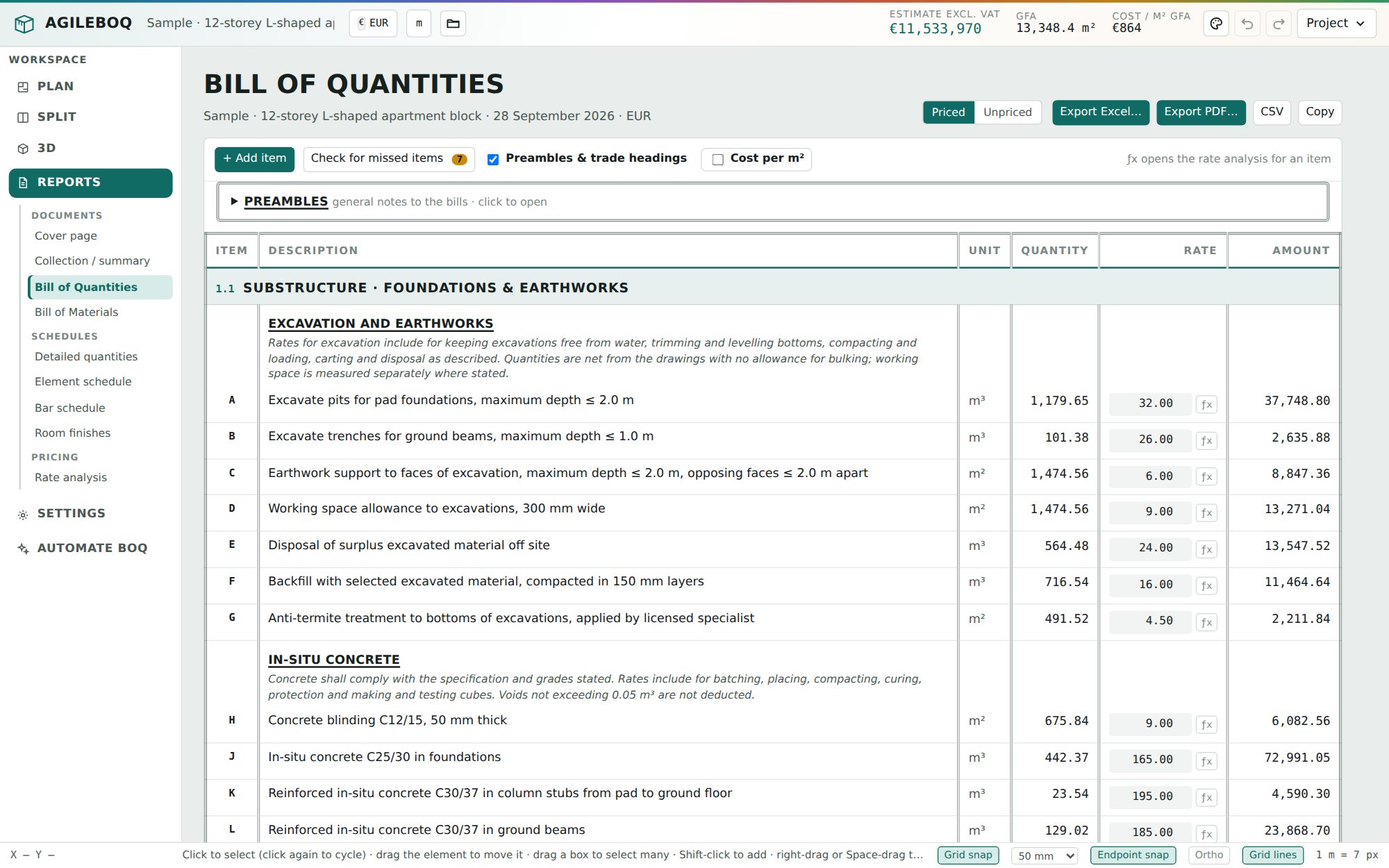Bill of Quantities grouped by NRM element with rates and amounts