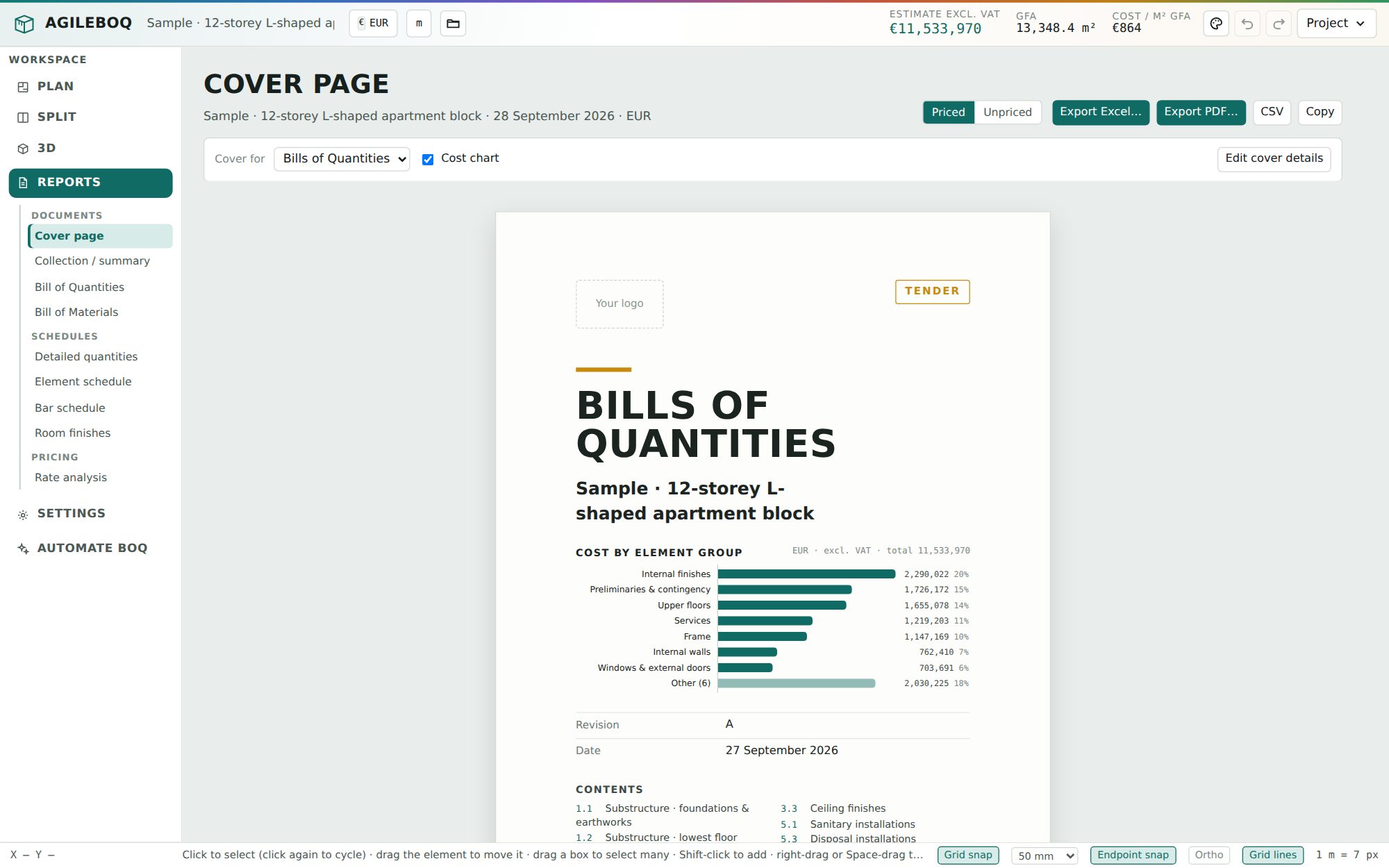 Cover page with project details and a cost-by-element chart